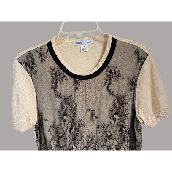 Behnaz Sarafpour Silk & Cashmere Lace Overlay Knit Top Short Sleeve Beige & Blac - Picture 2 of 8
